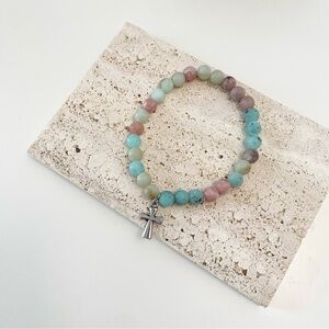 4/$15 Blue Marble Beads Stretchy Bracelet w/ Silver Cross Charm